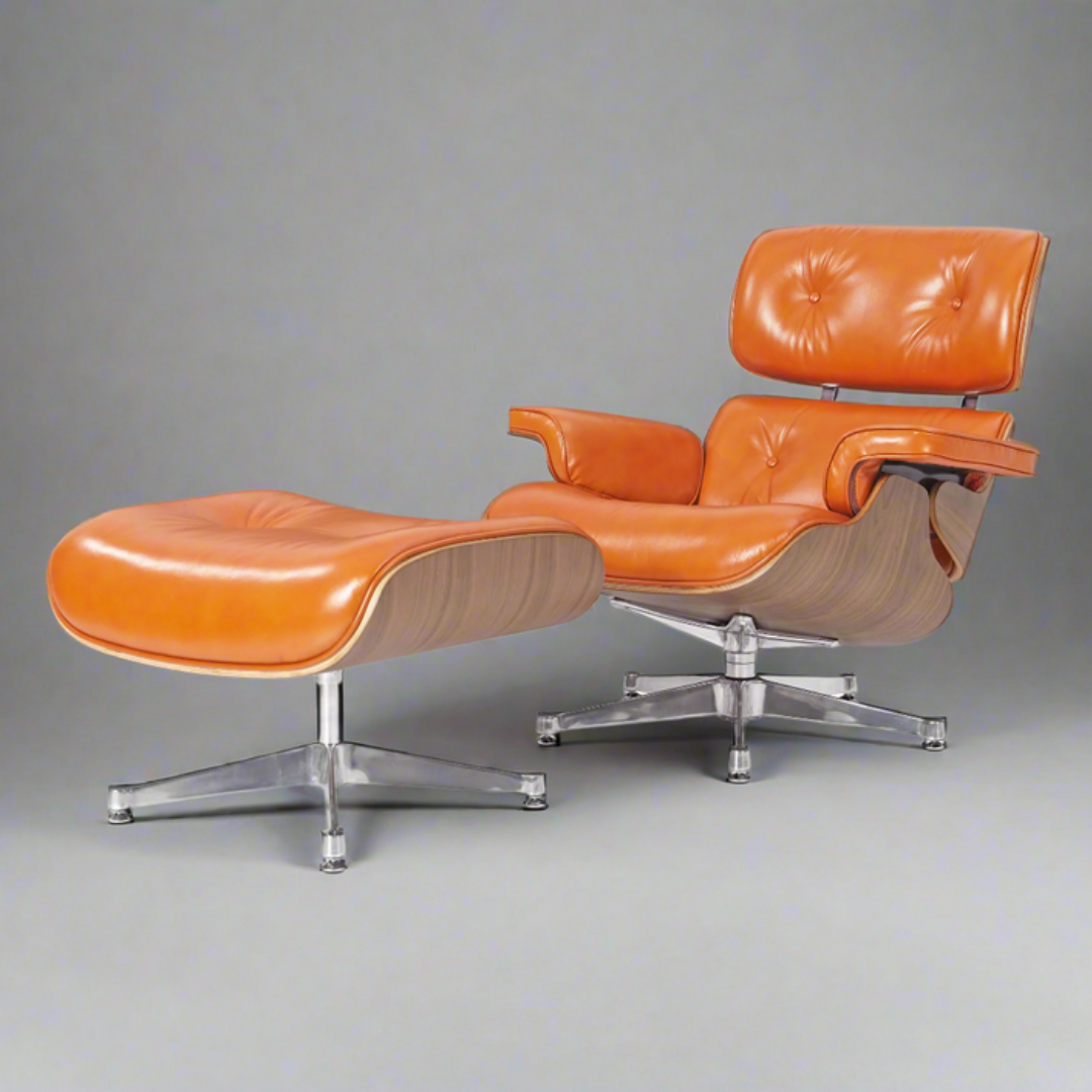 charles-and-ray-eames-lounge-chair-camel-brown-walnut Charles and Ray Eames Lounge Chair and Ottoman in camel brown waxed leather with walnut wood