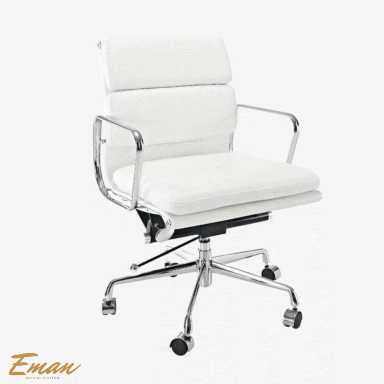 White office chair with soft pad cushions and chrome base