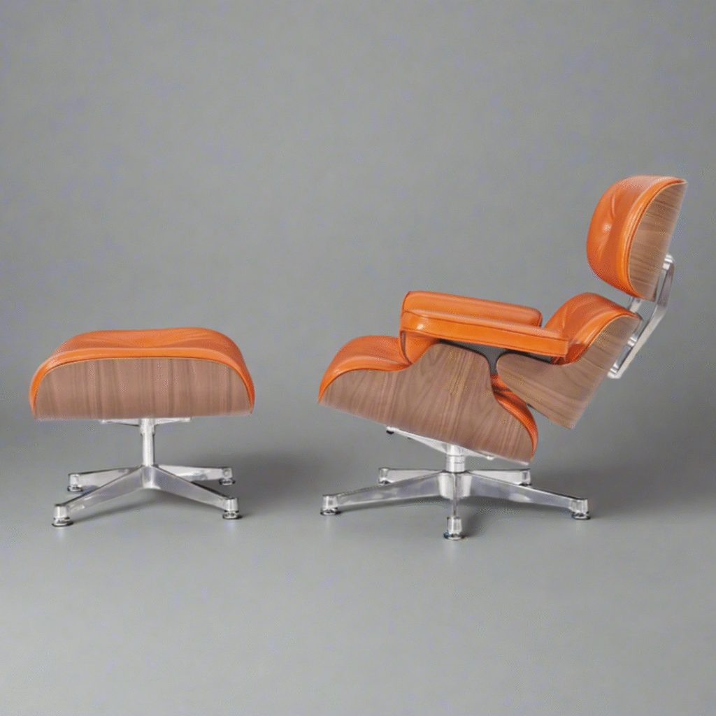 Side view of Charles Eames Lounge Chair with Walnut Wood and Chrome Base