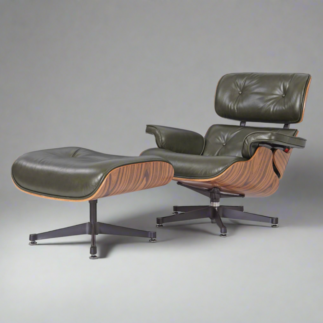 Eames Lounge Chair & Ottoman – Olive Green Leather, Rose Wood (2) Lounge chair Charles and Ray Eames in waxy dark green leather with rosewood