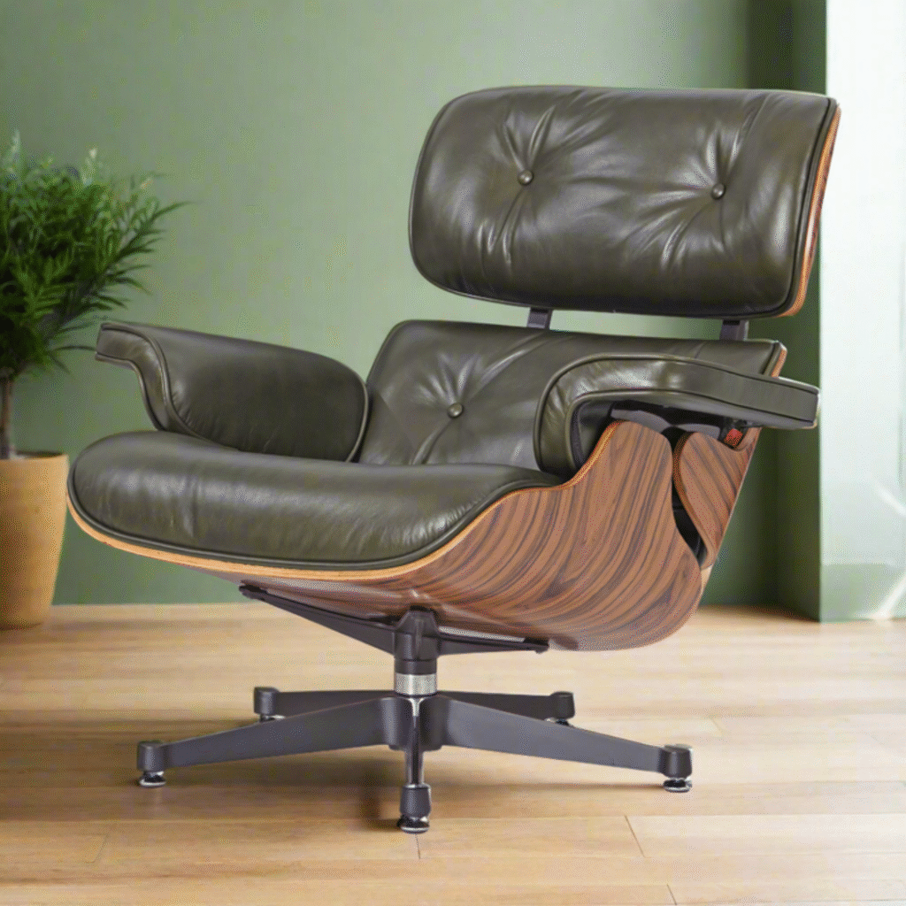 Side view of lounge chair Charles and Ray Eames showing ergonomic design