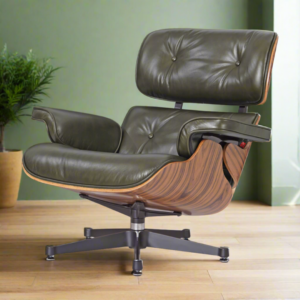 Side view of lounge chair Charles and Ray Eames showing ergonomic design