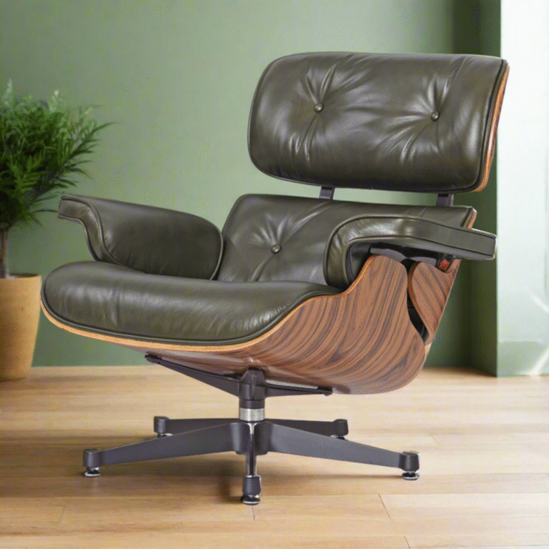 Side view of lounge chair Charles and Ray Eames showing ergonomic design