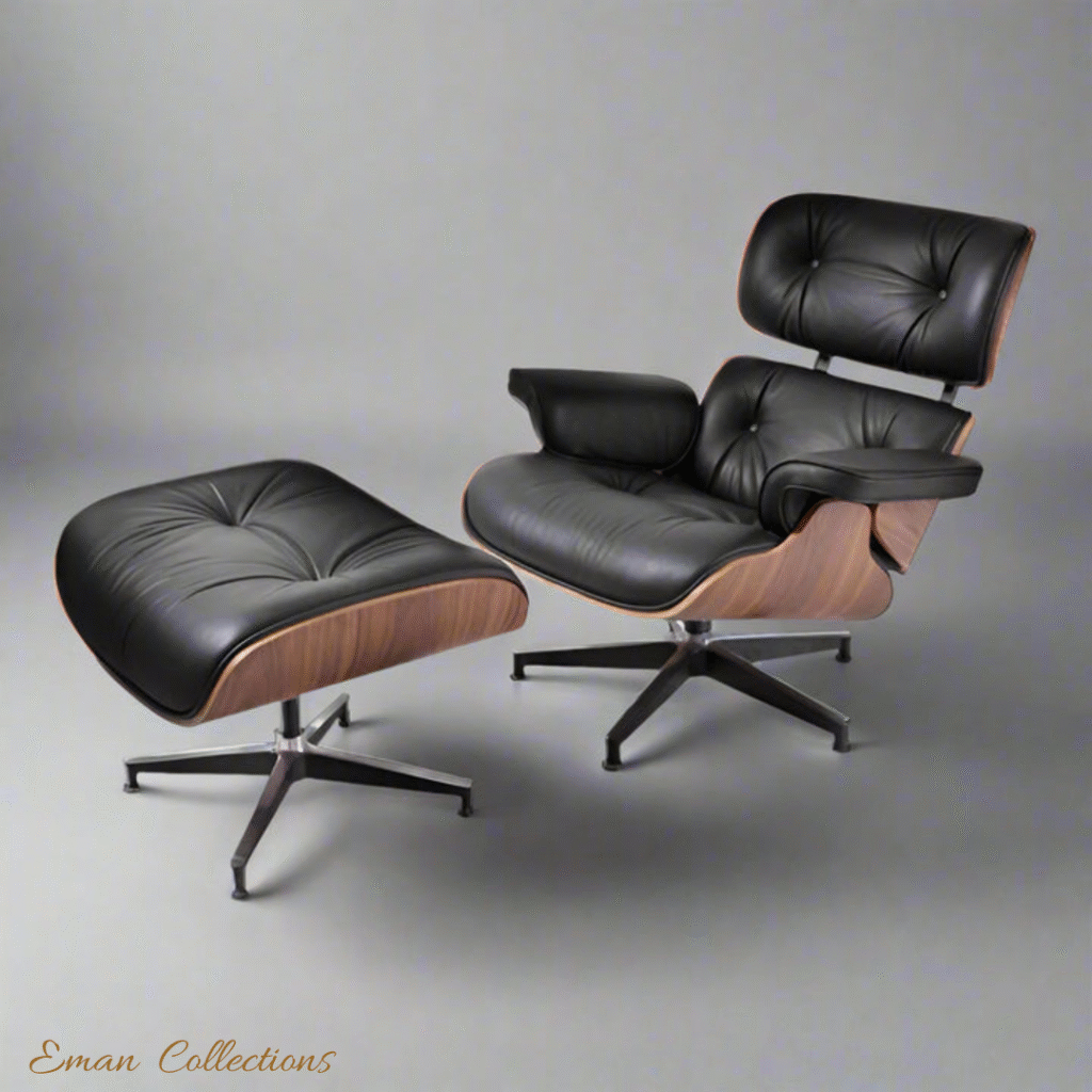 Black Leather Eames Lounge Chair with Walnut Wood - Classic Mid-Century Modern Design