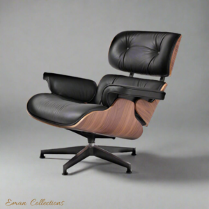 Side View of Eames Lounge Chair in Black Leather with Walnut Wood Frame