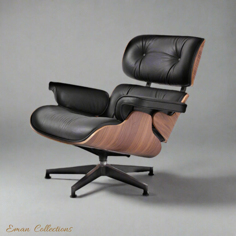 Side View of Eames Lounge Chair in Black Leather with Walnut Wood Frame