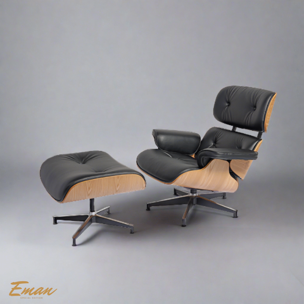 : Reproduction Eames Lounge Chair and Ottoman in black leather with black ashwood frame