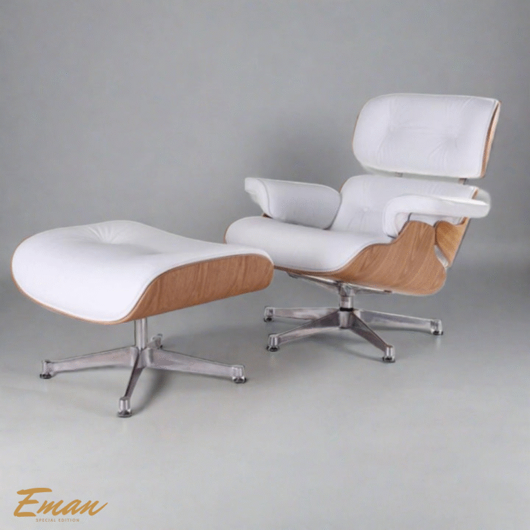 Eames Lounge Chair & Ottoman in white leather with ash wood base