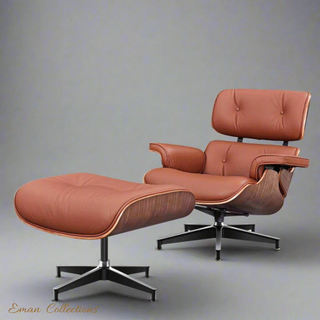 Tan Brown Eames Lounge Chair Replica with Walnut Wood Base and Ottoman – Mid-Century Modern Leather Recliner