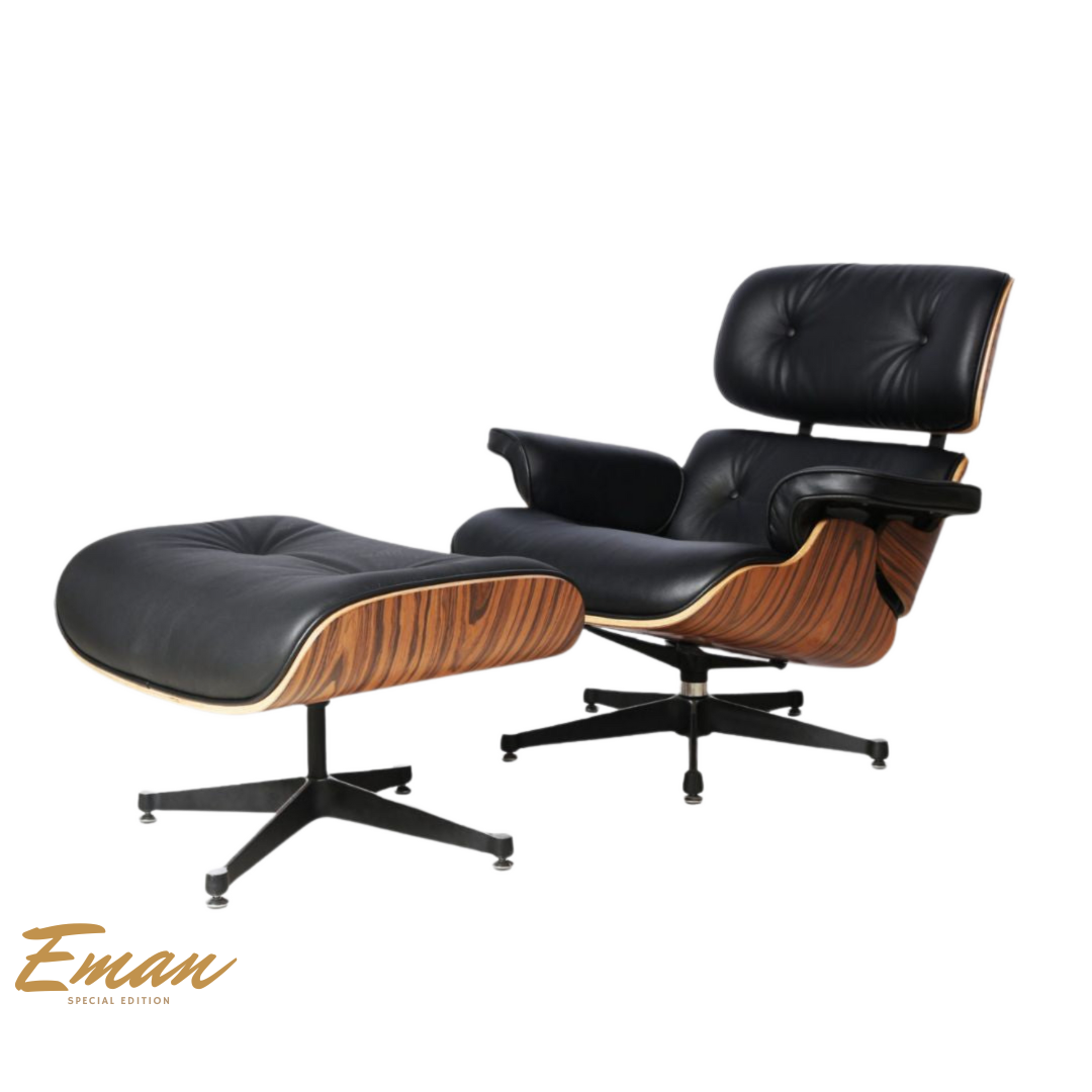 Lounge Chair Charles Eames – Black Leather & Rosewood lounge Chair Charles Eames in black leather with rosewood wood shell and standard base Description: Classic Lounge Chair Charles Eames in black leather and rosewood finish. Designed for ultimate comfort and timeless elegance. A true mid-century masterpiece for modern interiors.